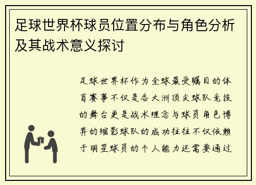 足球世界杯球员位置分布与角色分析及其战术意义探讨