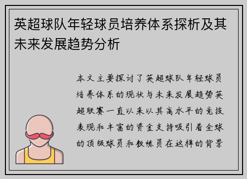 英超球队年轻球员培养体系探析及其未来发展趋势分析